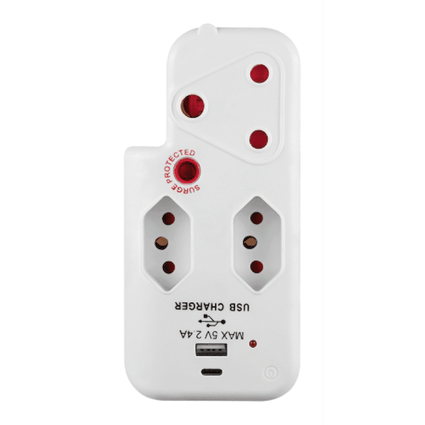 Ellies 3 Way Medium Surge Adaptor with Type C + USB - White