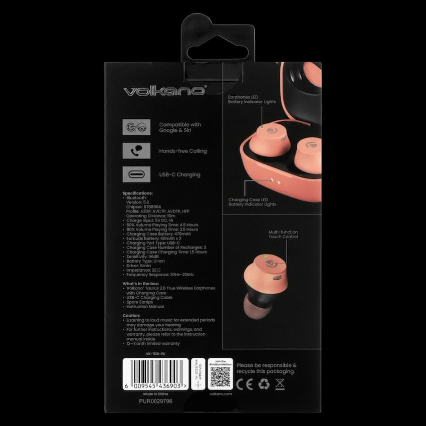 Volkano Taurus Series 2.0 True Wireless Earphones with Charging Case - Pink