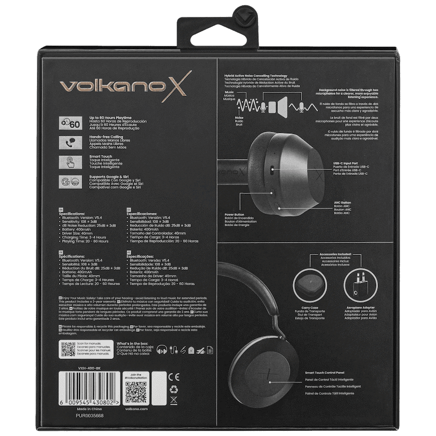 VolkanoX H400 Hybrid Active Noise Cancellation Headphones - Black