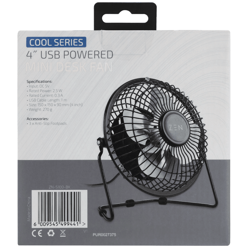 ZEN Cool Series 4" Mini Desk Fan - Black