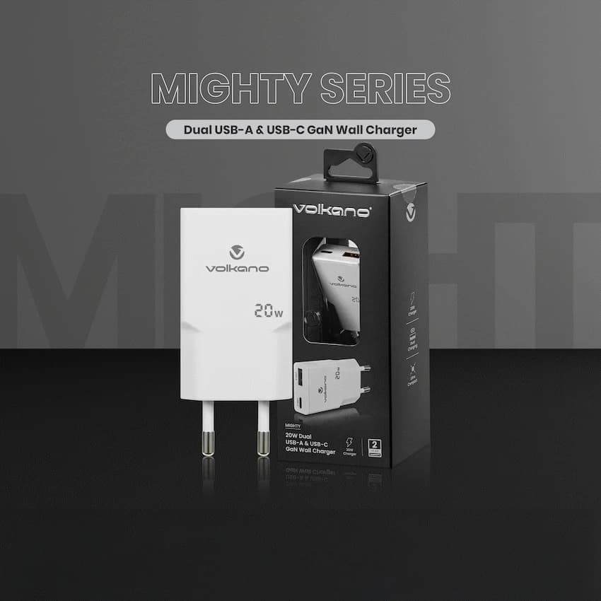 Volkano Mighty Series 20w Dual USB-A & USB-C GaN Wall Charger