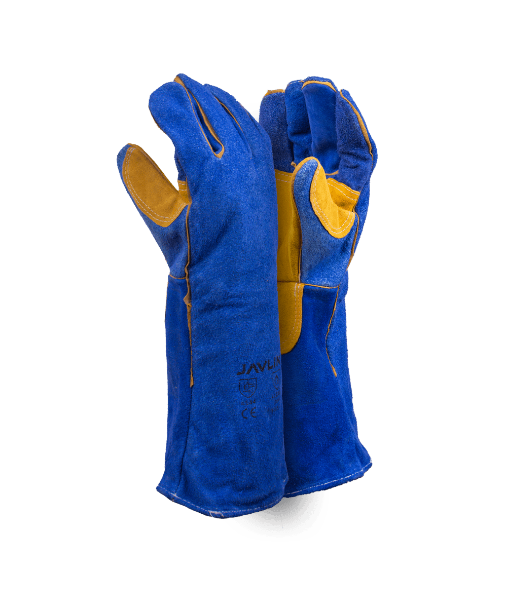 Premium Blue Leather Lined Welding Gloves With Yellow Palm Reinforcing – 20cm Cuff