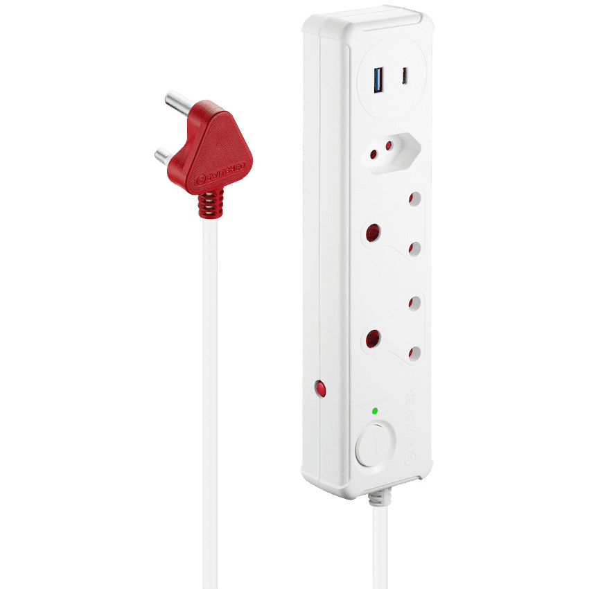 Switched 3-Way Medium Surge-Protected Multiplug with 1x Type-C + 3.4a USB Ports – 0.5m – White