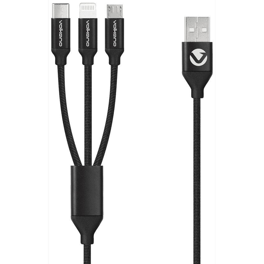 Volkano Weave Series Fabric Braided 3-in-1 (Type-C/Lightning/Micro) Cable 1m – Black