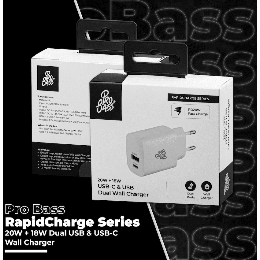 Pro Bass Rapidcharge Series 20w+18w Dual USB and Type-C Wall Charger thumbnail 6