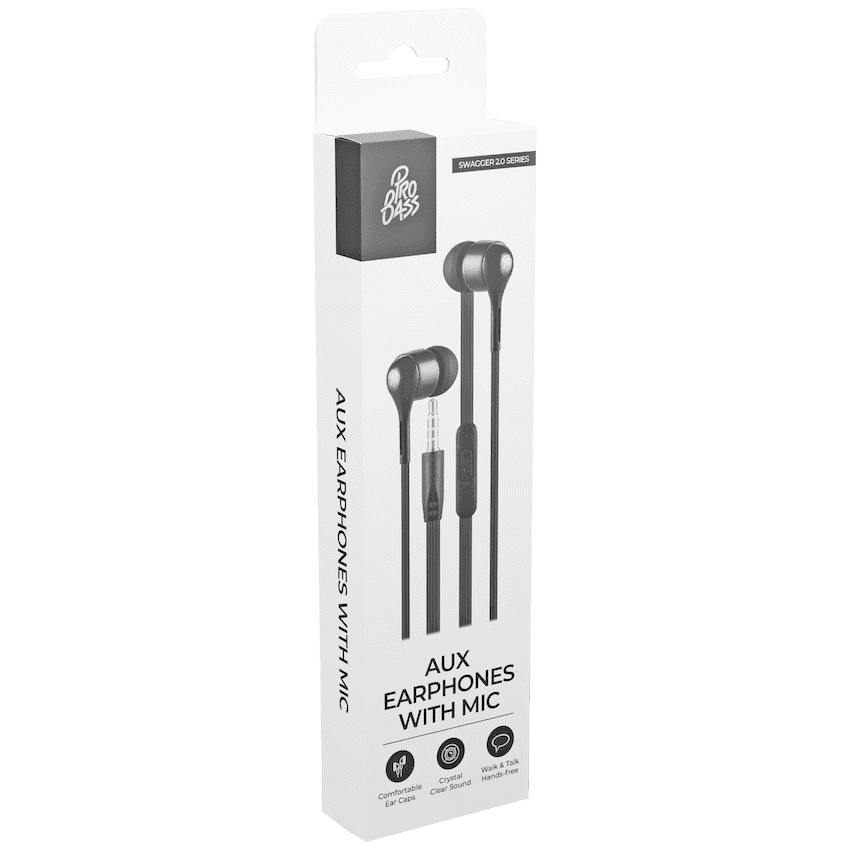 Pro Bass Swagger 2.0 Series – Boxed Auxiliary Earphone with Mic – Black