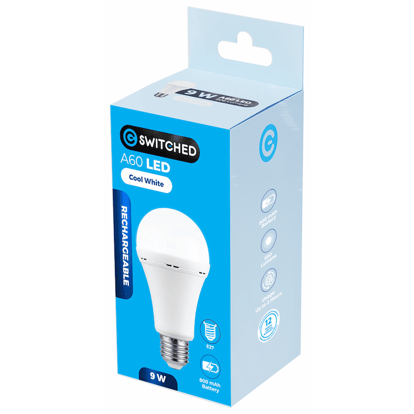 Switched 9w A60 Rechargeable LED Light Bulb E27 - Cool White