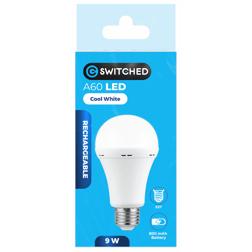 Switched 9w A60 Rechargeable LED Light Bulb E27 - Cool White