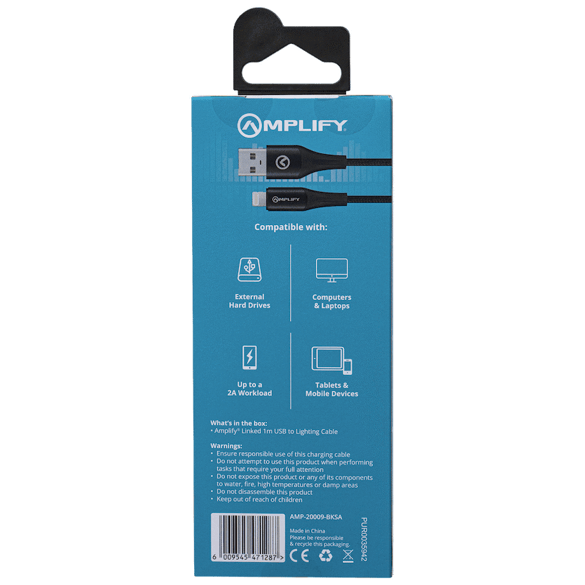 Amplify Linked Series USB to Lightning Braided Cable - Black 1m