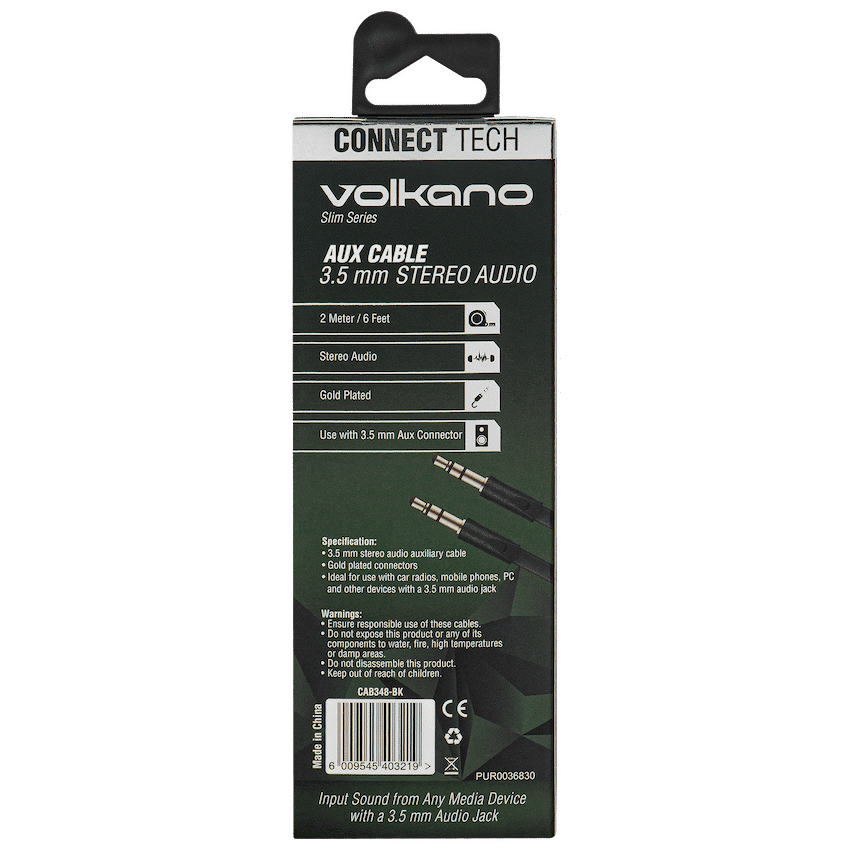 Volkano Slim Series Aux Cable 2m - Black