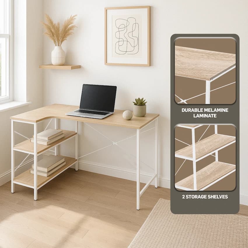 Everfurn Anthony Work Desk - Light Oak and White Frame