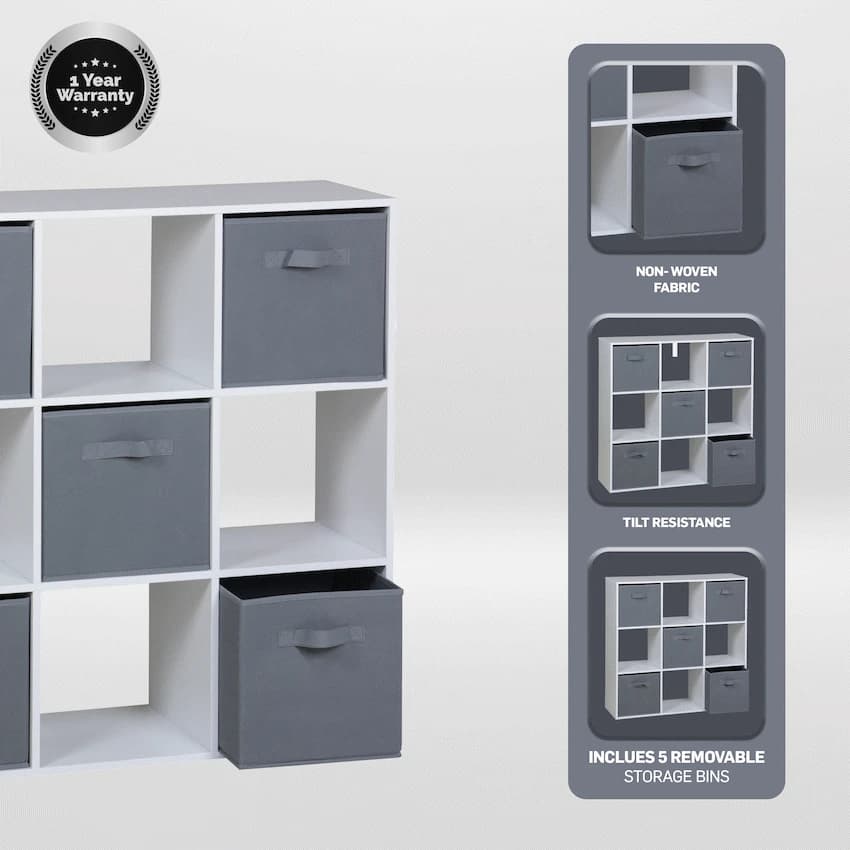 Everfurn Ninefold Bookshelf with 5 Storage Bins