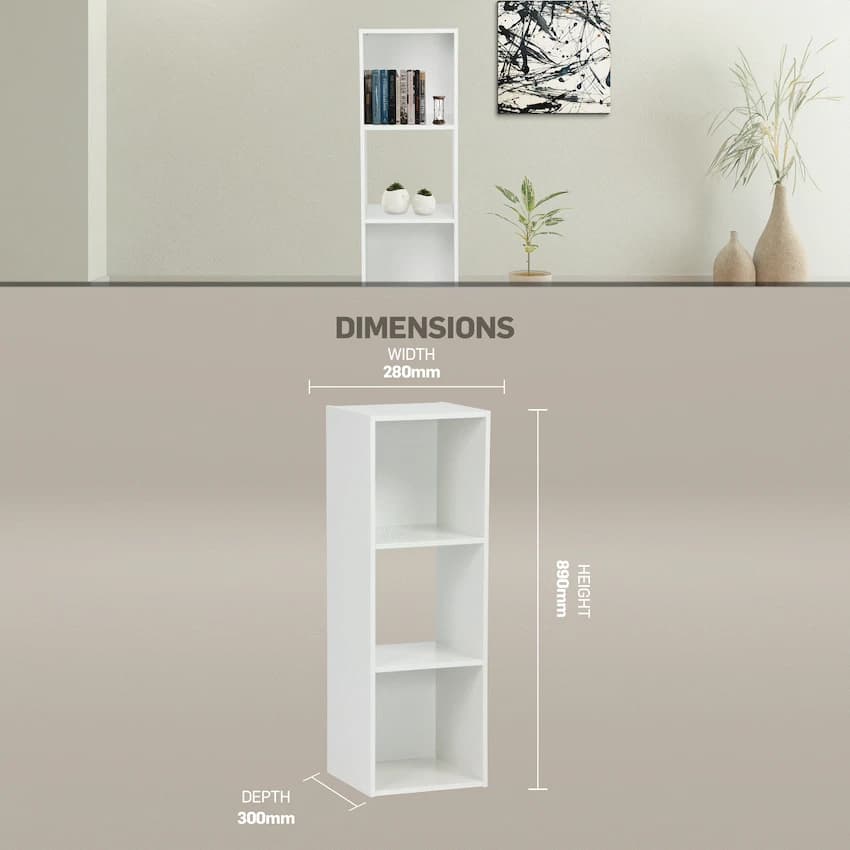Everfurn Grayscale 3 Tier Bookshelf White, High Pressure Laminate