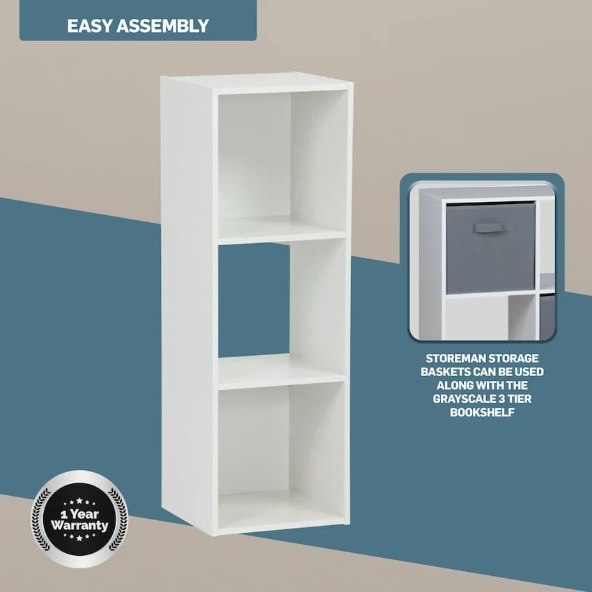 Everfurn Grayscale 3 Tier Bookshelf White, High Pressure Laminate