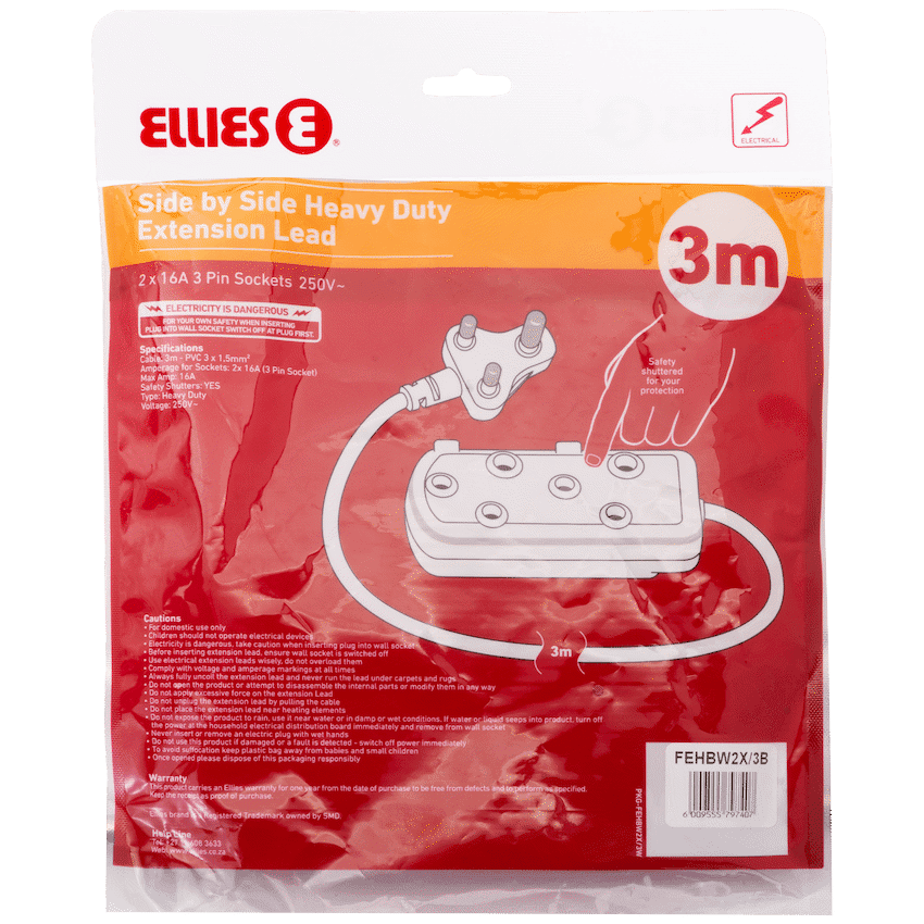 Ellies Side-by-Side Heavy-Duty Extension Lead - 3m - Black