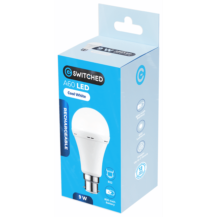 Switched 9w A60 Rechargeable LED Light Bulb - B22 - Cool White