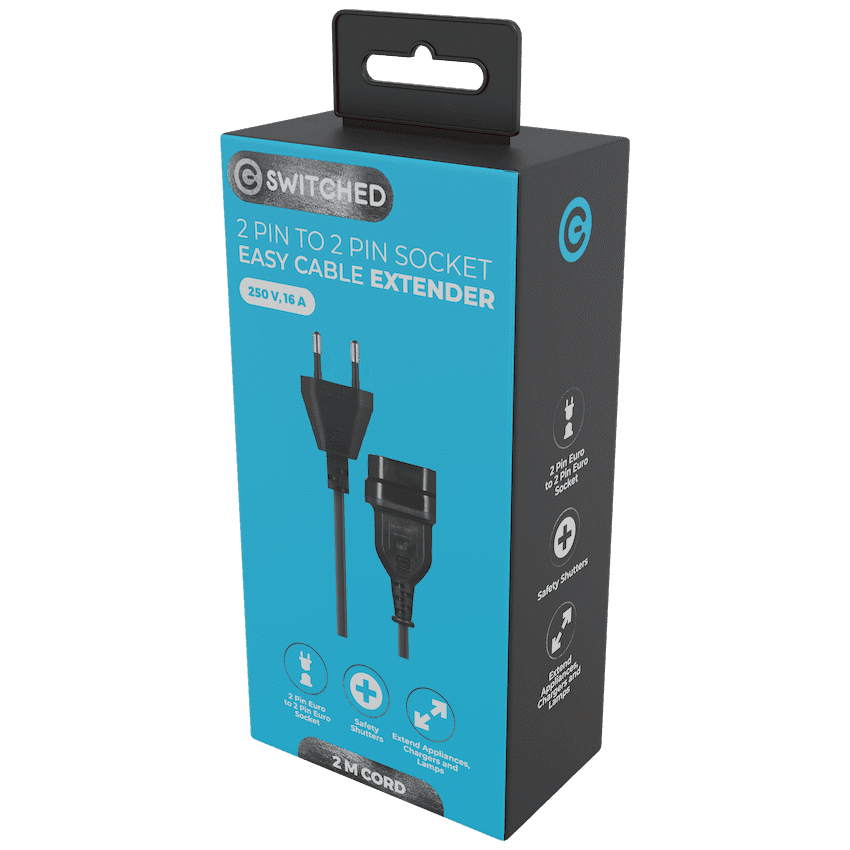 Switched Easy Cable Extender 2-Pin Euro to 2-Pin Euro Socket 2m