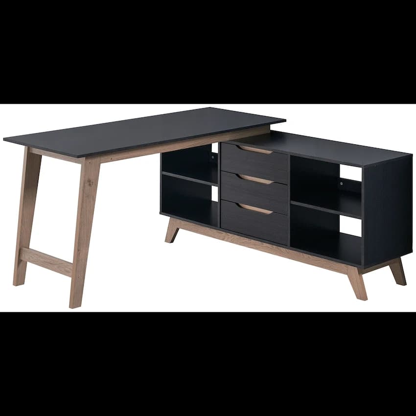 Everfurn Premium Lunar Office Desk - Black, L-Shaped Desk, With Storage