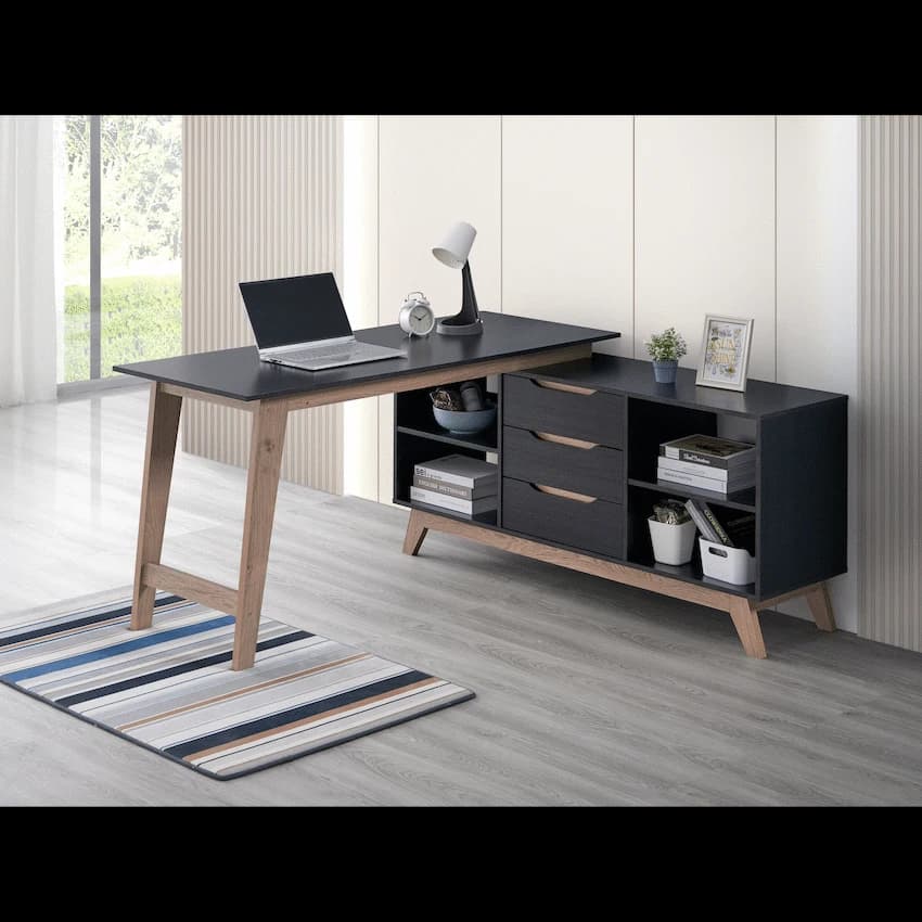 Everfurn Premium Lunar Office Desk - Black, L-Shaped Desk, With Storage