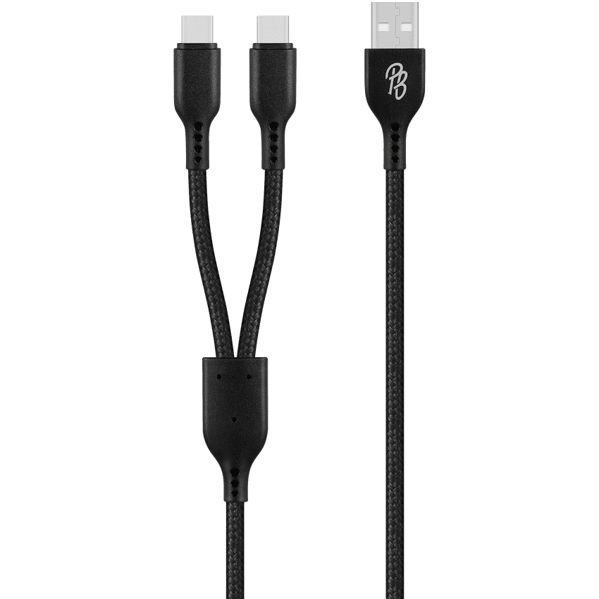 Pro Bass Cord Series 1.2m 15w USB-A to 2x USB-C Braided - Black