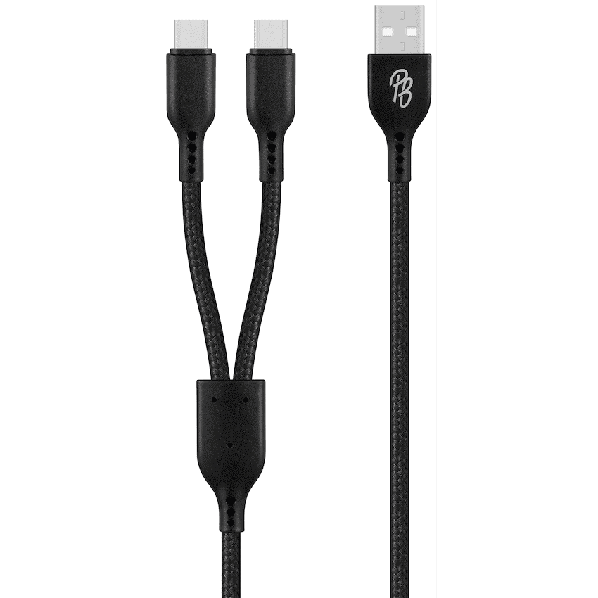 Pro Bass Cord Series 1.2m 15w USB-A to 2x USB-C Braided - Black