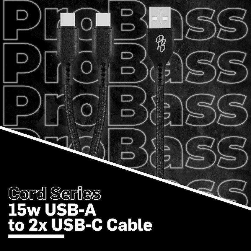 Pro Bass Cord Series 1.2m 15w USB-A to 2x USB-C Braided - Black