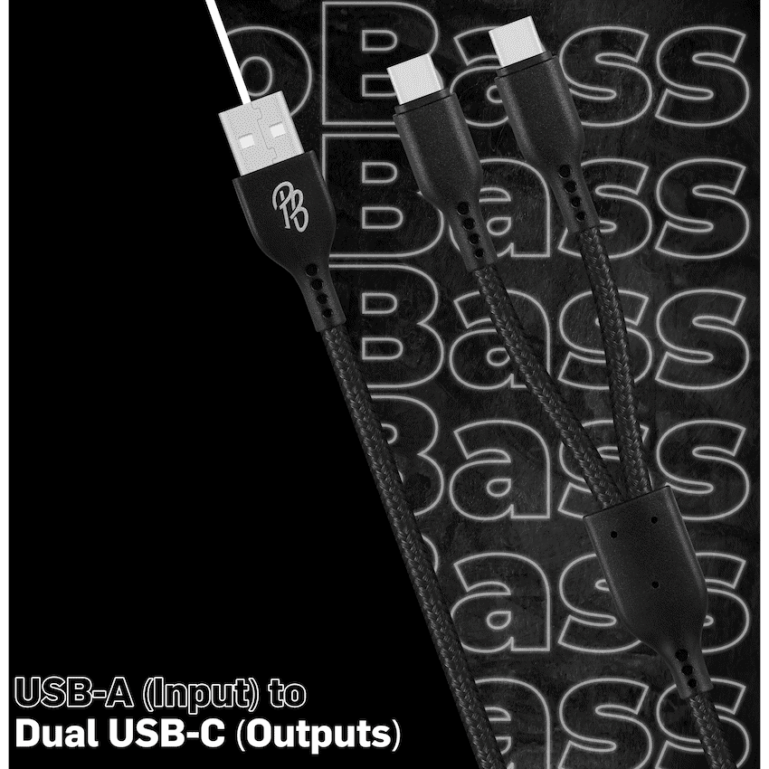 Pro Bass Cord Series 1.2m 15w USB-A to 2x USB-C Braided - Black