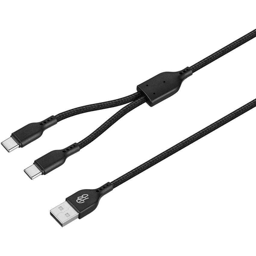 Pro Bass Cord Series 1.2m 15w USB-A to 2x USB-C Braided - Black