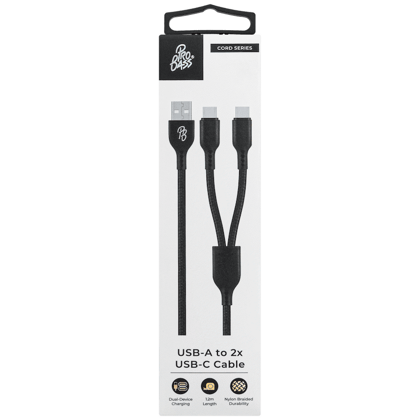 Pro Bass Cord Series 1.2m 15w USB-A to 2x USB-C Braided - Black
