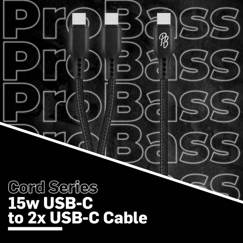 Pro Bass Cord Series 1.2m 15w USB-C to 2x USB-C Braided - Black