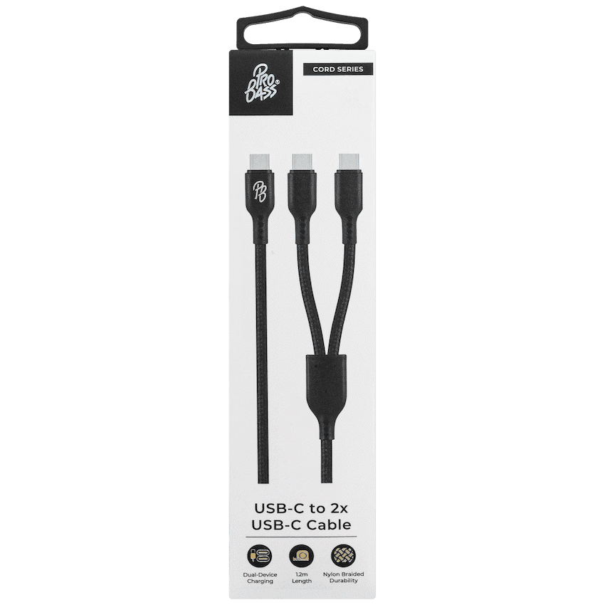 Pro Bass Cord Series 1.2m 15w USB-C to 2x USB-C Braided - Black
