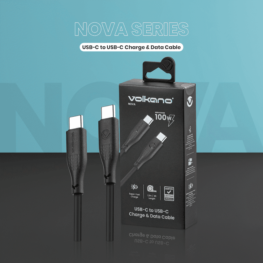 Volkano Nova Series USB C to USB C 100W 1.2m TPE cable-Black