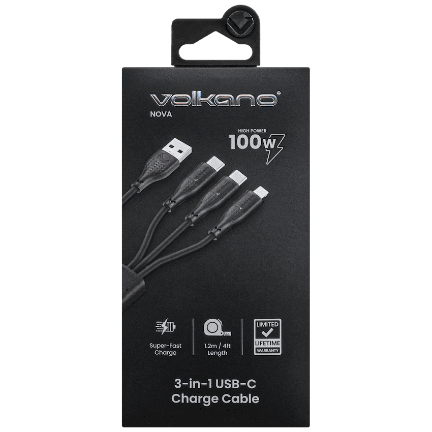 Volkao Nova Series USB A to 2 USb C and lightning cable 100W 1.2m TPE-Black