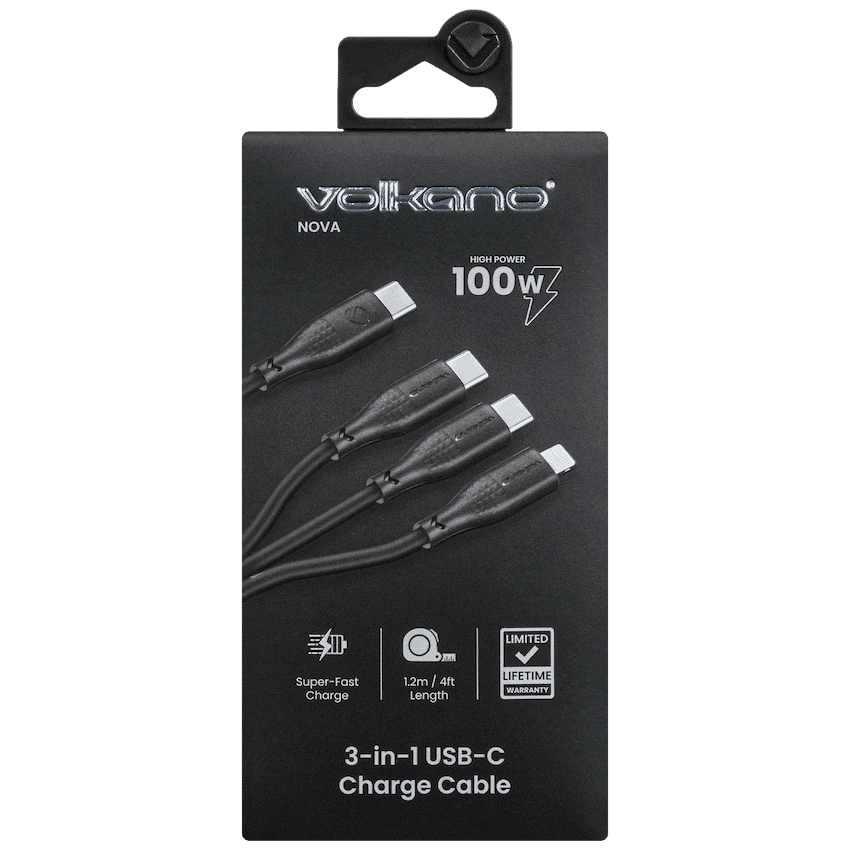 Volkano Nova Series USB C to 2 USB C and lightning cable 100W TPE-Black
