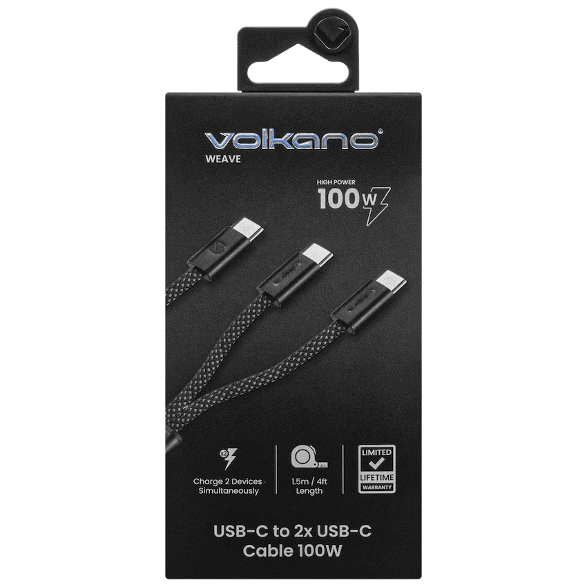Volkano Weave Series USB C to 2 USB C 100W 1.5m