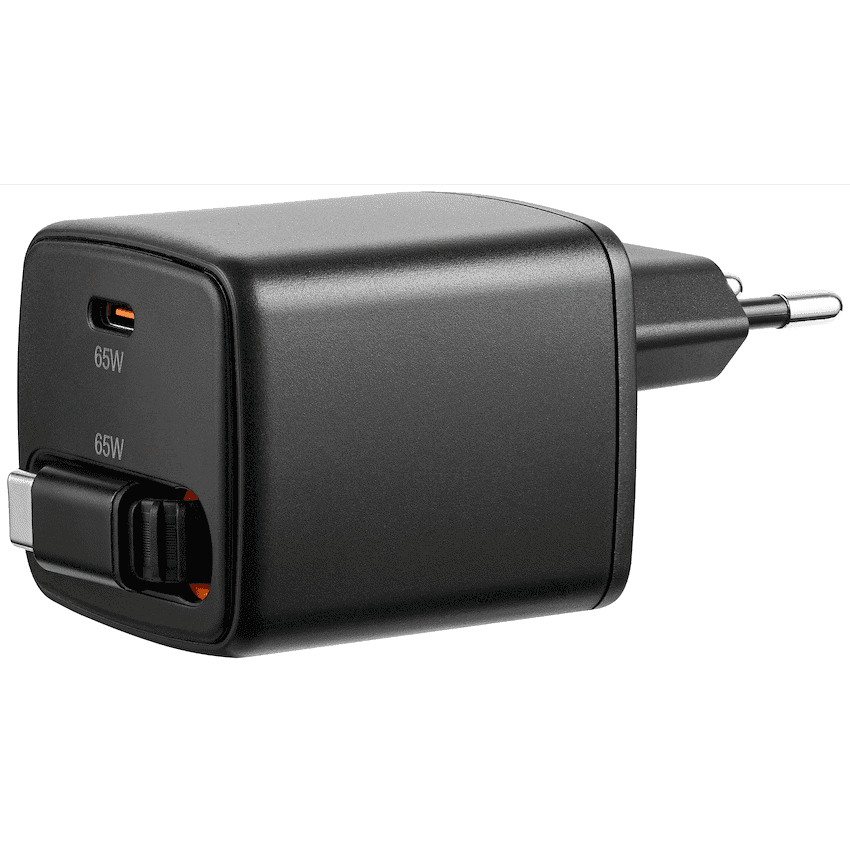 Volkano Sleek Series Fast Wall Charger 65W USB-C with Built-in Retractable 75cm Cable - Black