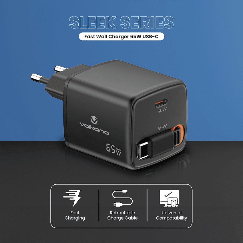 Volkano Sleek Series Fast Wall Charger 65W USB-C with Built-in Retractable 75cm Cable - Black