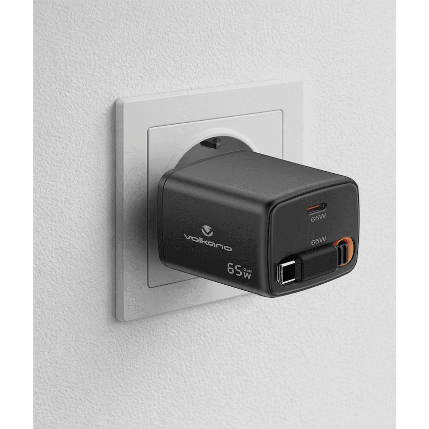 Volkano Sleek Series Fast Wall Charger 65W USB-C with Built-in Retractable 75cm Cable - Black