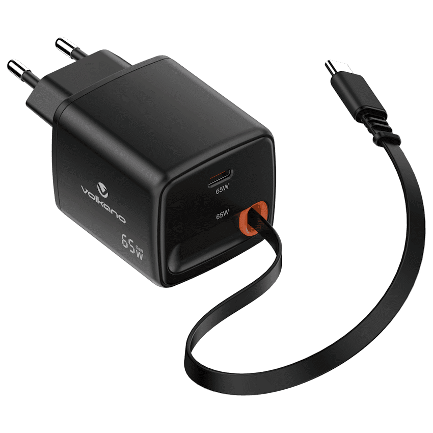 Volkano Sleek Series Fast Wall Charger 65W USB-C with Built-in Retractable 75cm Cable - Black