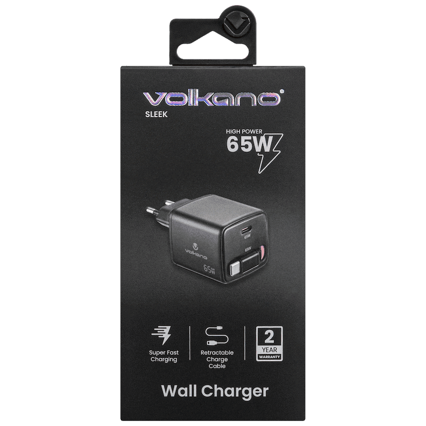Volkano Sleek Series Fast Wall Charger 65W USB-C with Built-in Retractable 75cm Cable - Black