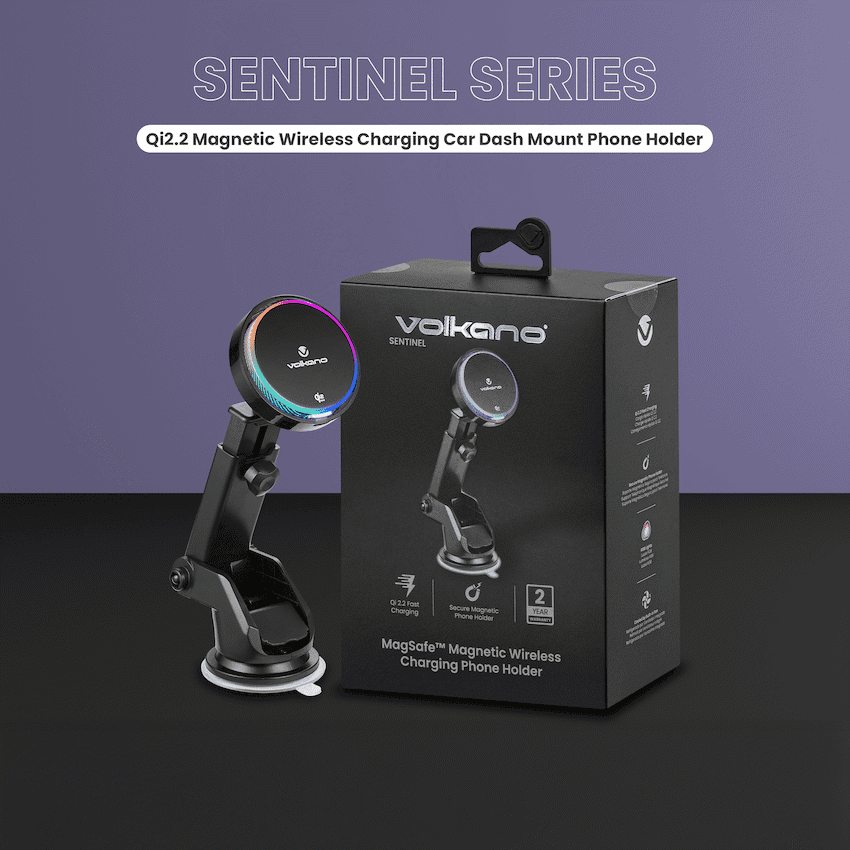 Volkano Sentinel Series Qi2.2 Magnetic Wireless Charging Car Dash Mount Phone Holder - Black