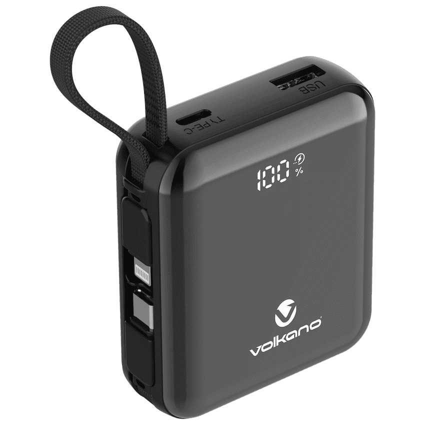 Volkano Solace Series 10 000 mAh Power Bank with Built-in USB-C & Lightning Cable - Black