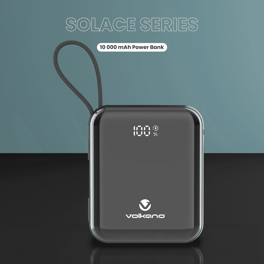 Volkano Solace Series 10 000 mAh Power Bank with Built-in USB-C & Lightning Cable - Black
