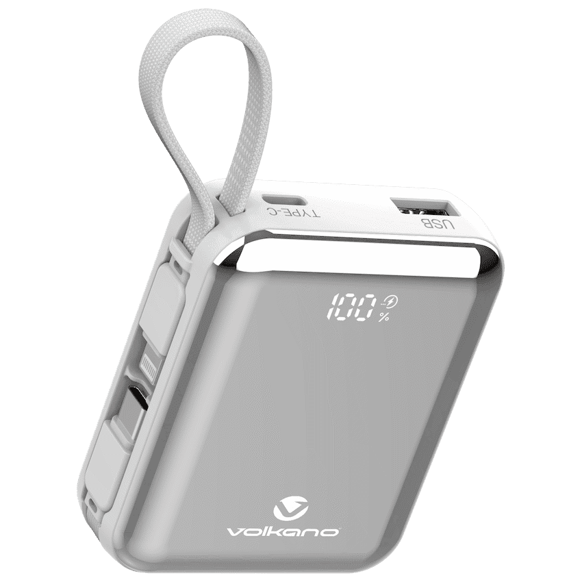 Volkano Solace Series 10 000 mAh Power Bank with Built-in USB-C & Lightning Cable - White & Silver