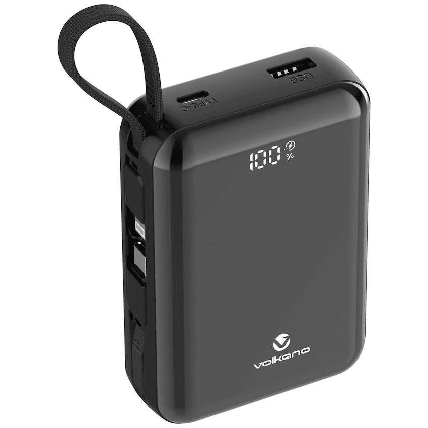Volkano Solace Series 20 000 mAh Power Bank with Built-in USB-C & Lightning Cable - Black