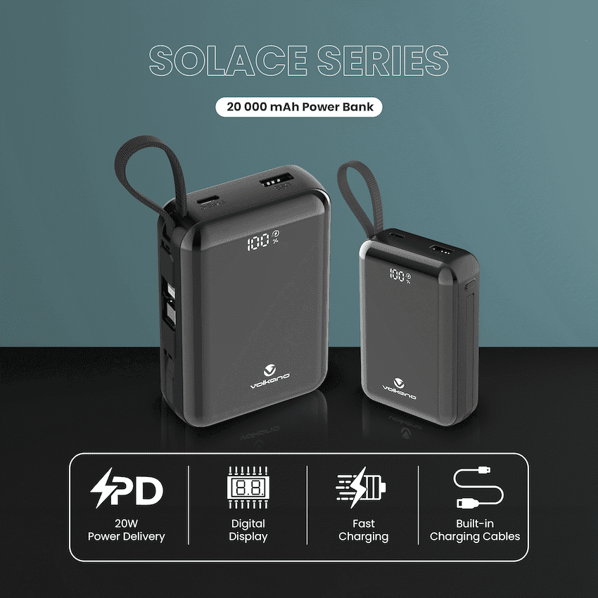Volkano Solace Series 20 000 mAh Power Bank with Built-in USB-C & Lightning Cable - Black
