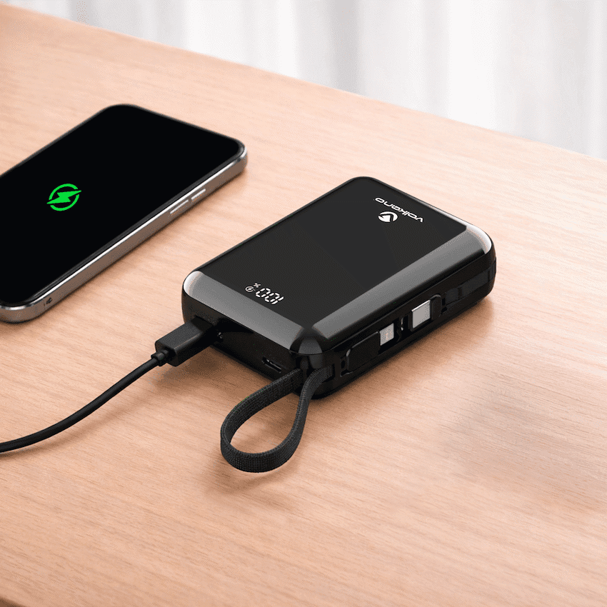 Volkano Solace Series 20 000 mAh Power Bank with Built-in USB-C & Lightning Cable - Black