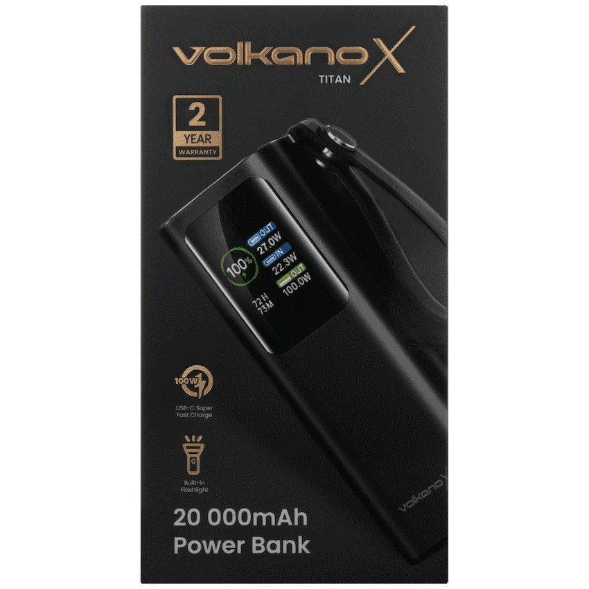 VolkanoX Titan Series - 20 000 mAh - Power Bank with retractable Type-C Cable with Flashlight