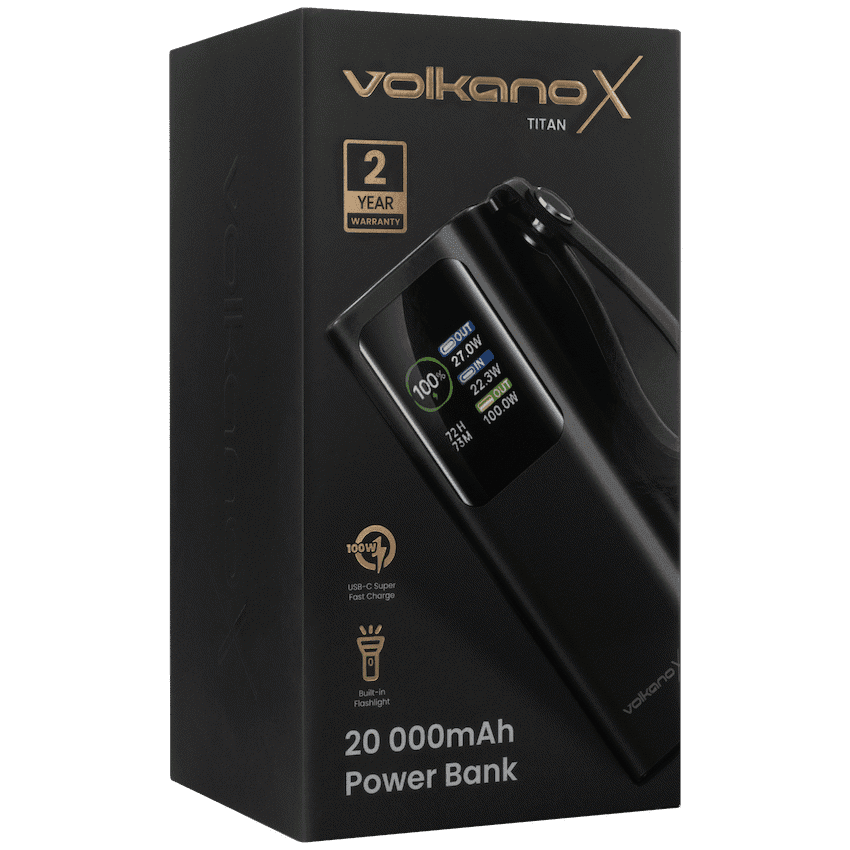VolkanoX Titan Series - 20 000 mAh - Power Bank with retractable Type-C Cable with Flashlight